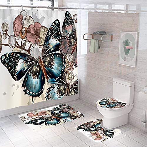 4 pcs boho butterfly shower curtain sets with non-slip rugs bath …