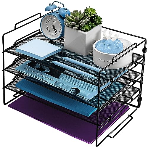 4 Niveles a4 Organizador Escritorio Papeles, Bandejas Oficina Apilables en Malla Metalicas, Organizador de Archivos, Bandeja Escritorio Organizadors para Oficina Hogar