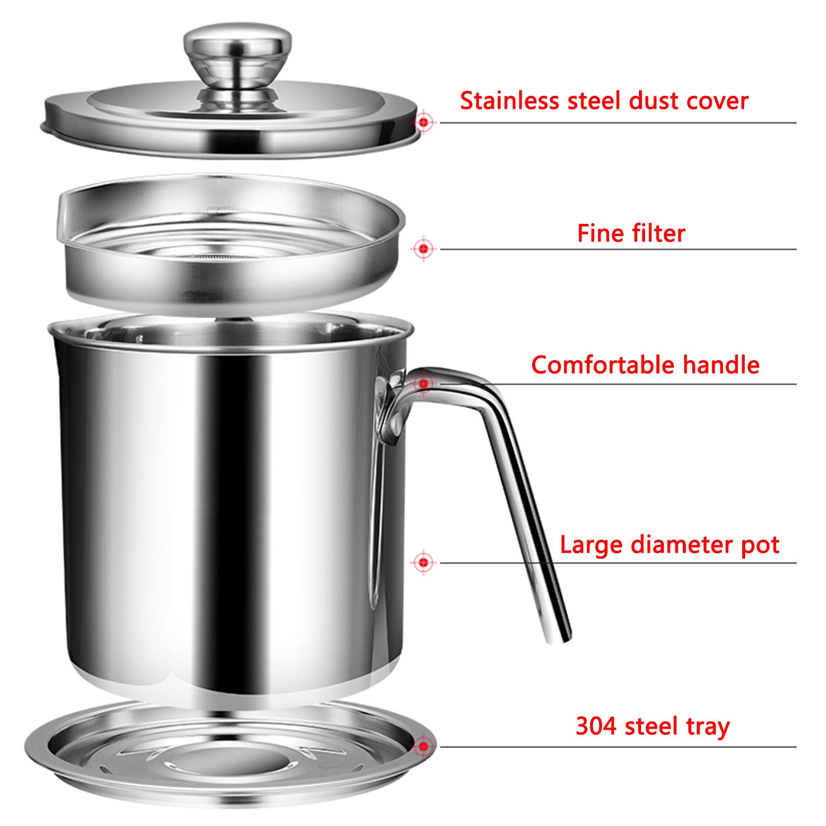 Recipiente de acero inoxidable para grasa de tocino (1,4 L, 1,8 L, 2,1 L) con colador, lata de almacenamiento de aceite de cocina para freír y cocinar, olla de grasa para uso en encimera, color