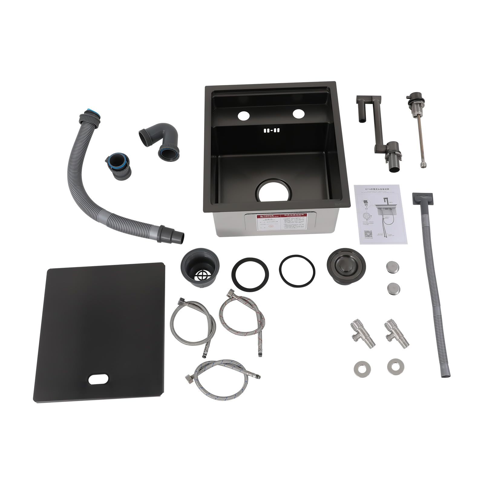 Lavabo de Cocina en Acero Inoxidable 304 con Nanocubrimiento, Fregadero de Encimera con Tapa y Grifo Cerámico, Bajo y Filtro Antiatascos para Cocinas, Bares y Cafeterías, 43x39x23 cm, Negro