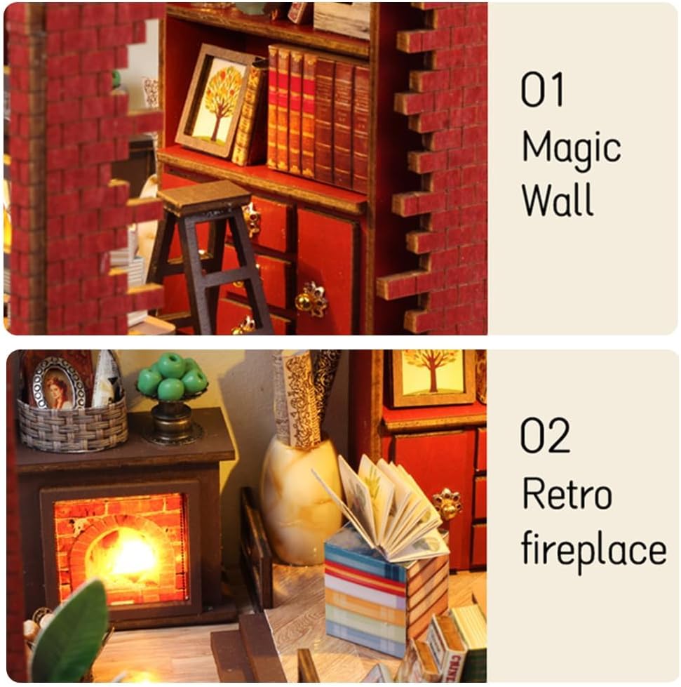 DIY Book Nook Kit, Miniature Dollhouse Booknook Kit with Light, 3D Wooden Puzzle Bookend Bookshelf Decor for Adults, Library