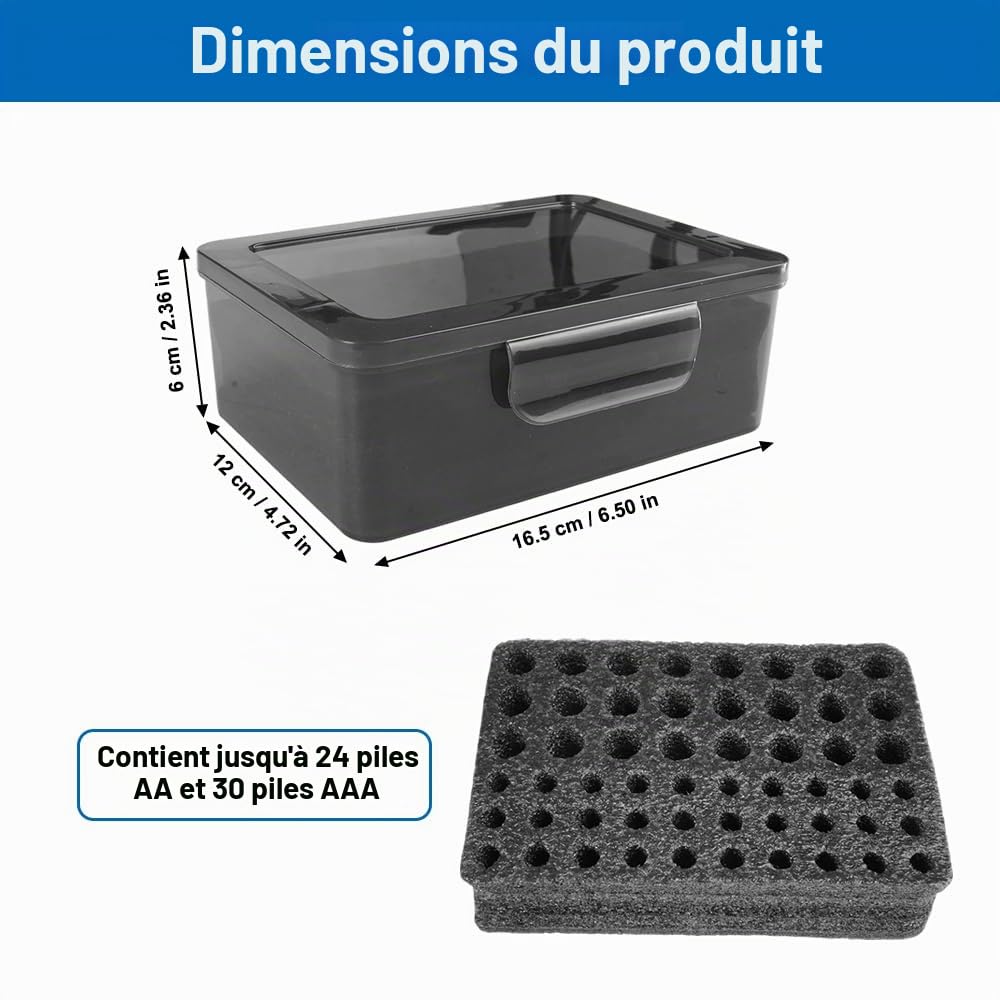 Boîte de Rangement pour 24 Piles AA et 30 AAA, Matériau Translucide Noir | Organiseur Portable en Plastique, Boîtier de Batterie Résistant à L'humidité et à la Poussière, Dur étui pour Pile