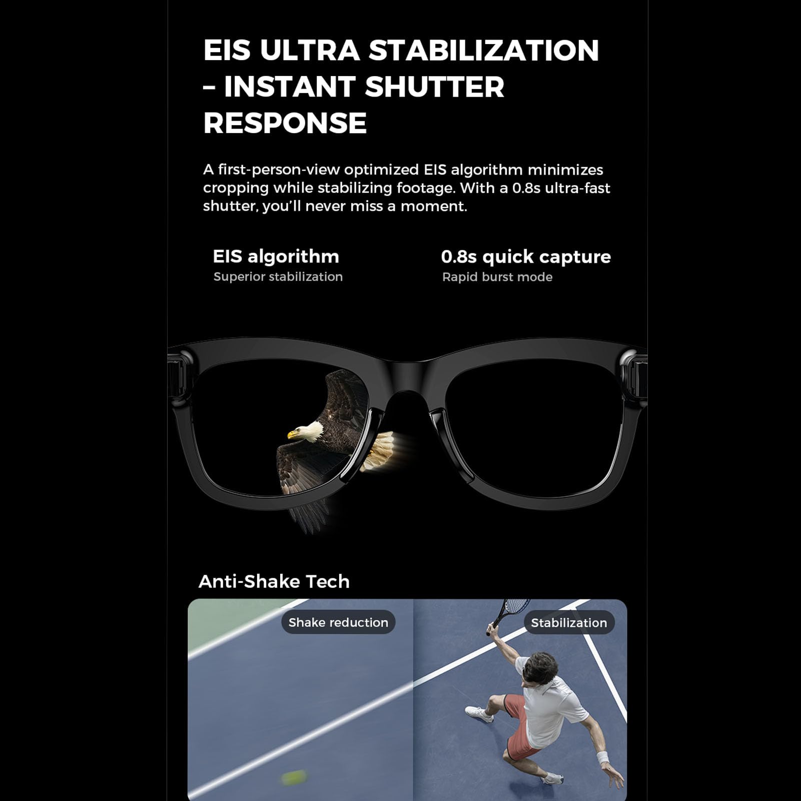 Smart Camera Occhiali, Occhiali Intelligenti AI, Telecamera HD da 5 MP 1080p 26 Lingue per la Riproduzione delle Telefonate Musicale, Riduzione del Doppio Rumore, Trasferimento (Luce anti