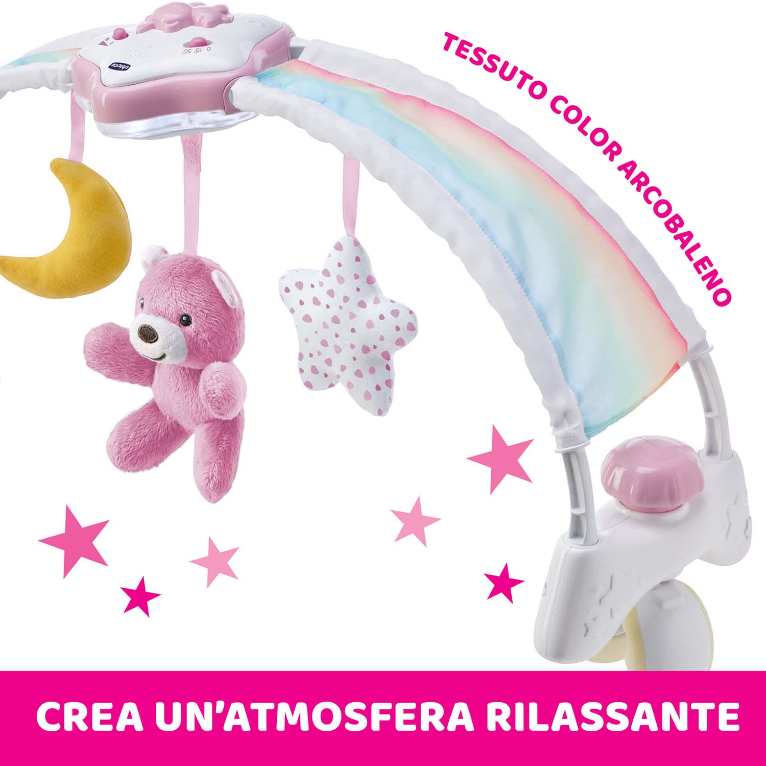 Chicco Arche Arc en Ciel Jeu de Développement 2 en 1 Compatible avec le Lit Next2Me, Panneau de Berceau avec Arche Arc-en-ciel et Veilleuse avec Musique et Pendentifs - Jouet Bébé 0+ Mois, rose