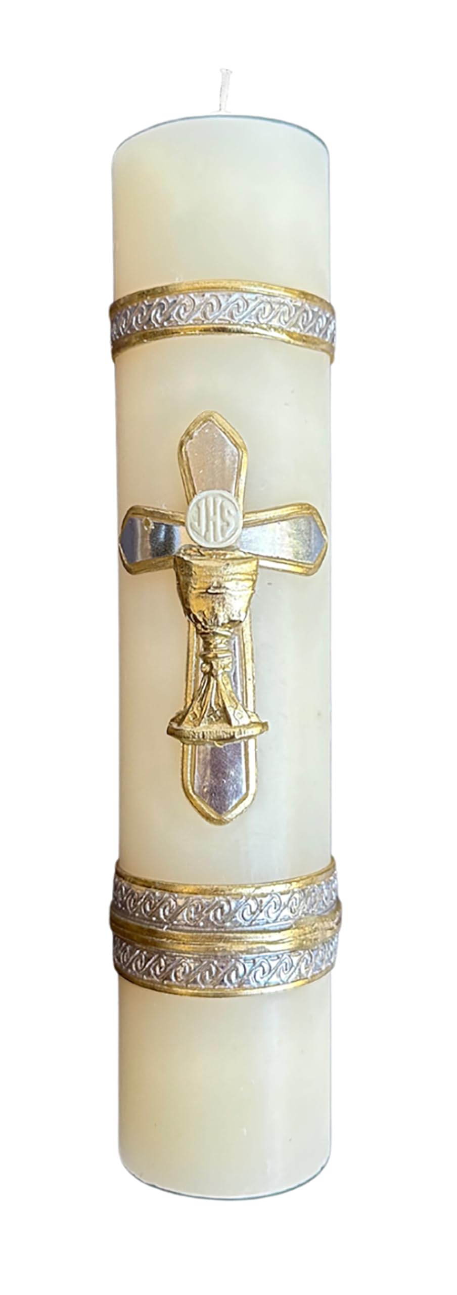 San Rafael Arcangel Holy Grail Cross Candle for First Communion or Baptsim White Candle Silver Cross Design Vela Catolica de Primera Comunion o Bautizo con Cruz Christening Celebration 8 inch