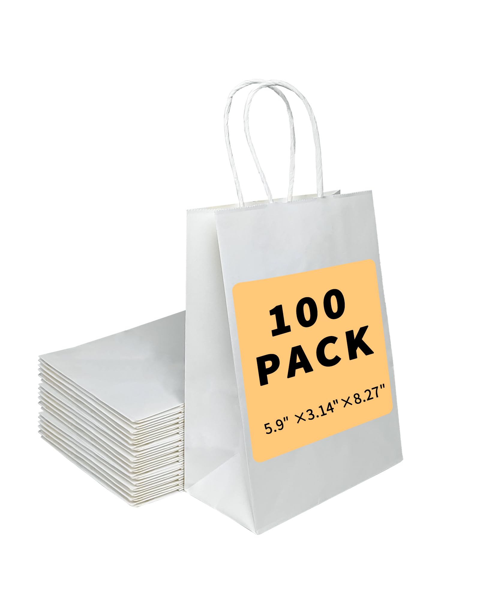 BAG BOX 100 Pack 5.9x3.1x8.25 Inch White Gift Bags with Handles,Bulk Kraft Paper Bags for Shopping, Retail, Merchandise, Wedding, Party Favors, Paper Grocery Sacks