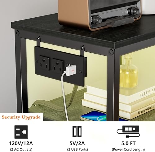 Miniatura 9 de Furnulem Cómoda para dormitorio, mesita de noche alta, pecho vertical con parte superior de madera, estación de carga, luces LED, 5 contenedores de