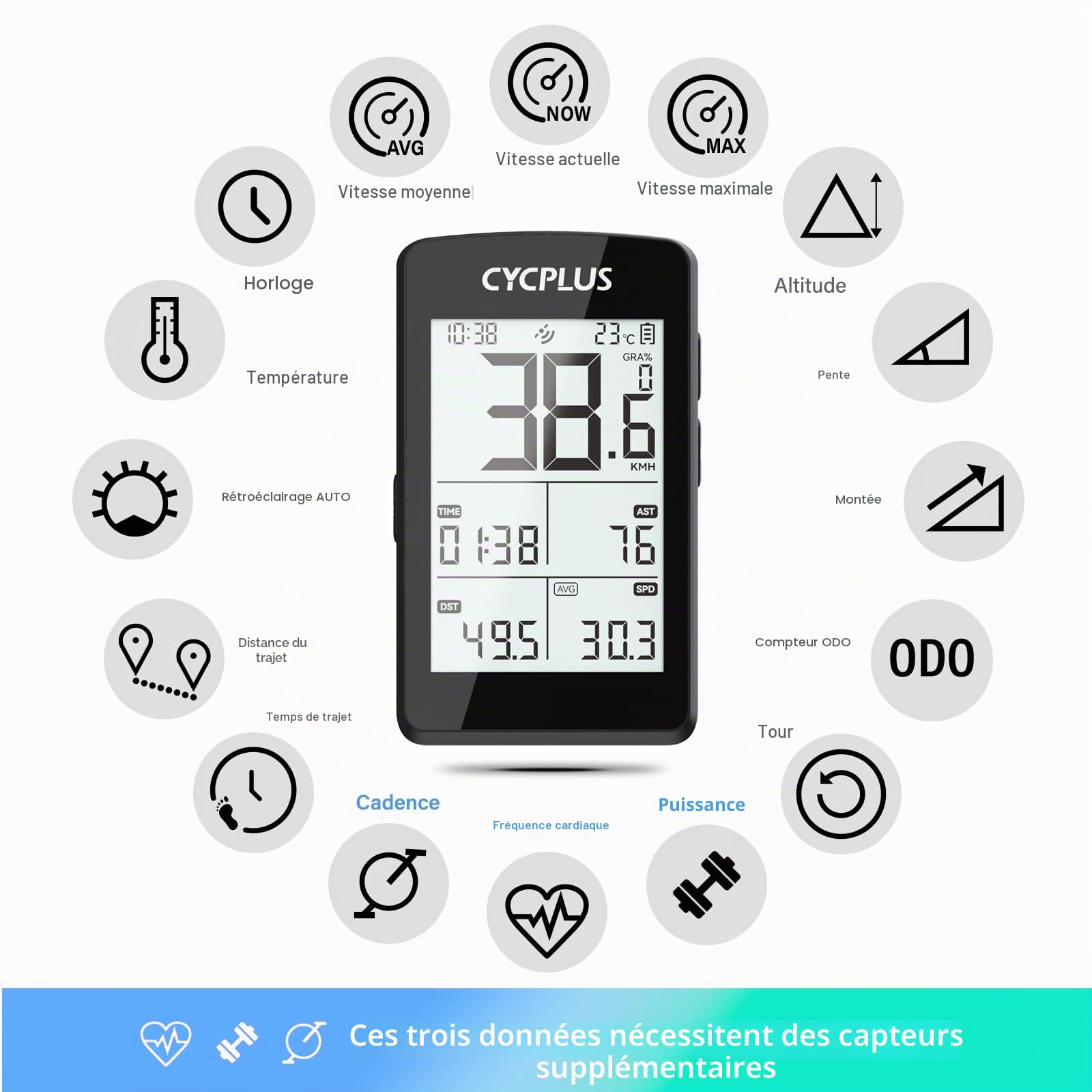 CYCPLUS ANT+ Ordinateur de vélo GPS avec Bluetooth 5.0, écran LCD de 2,8", compteur de vitesse avec plus de 100 heures d'autonomie et rétroéclairage automatique, étanchéité IP67