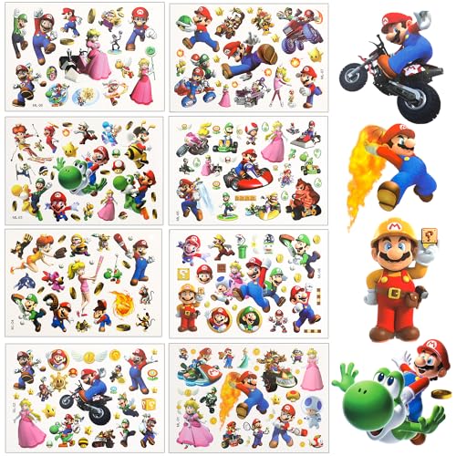 Photo de MLAWST-1 Super Mario Lot de 8 feuilles de tatouages étanches pour filles et garçons Cadeau d'anniversaire