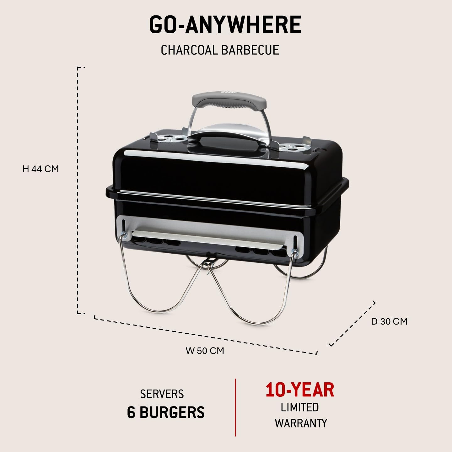 Weber Go-Anywhere Grill węglowy, powierzchnia grilla 42 x 26 cm, lekki przenośny grill BBQ, grill z emaliowaną misą i pokrywą, składane nóżki - Czarny (1131004)
