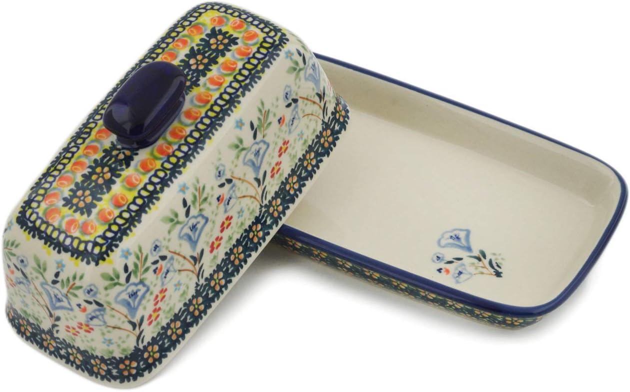 Polmedia Polish Pottery Butter Dish UNIKAT - Wildflower Meadow Pattern Handmade in Boleslawiec Poland + Certificate of Authenticity