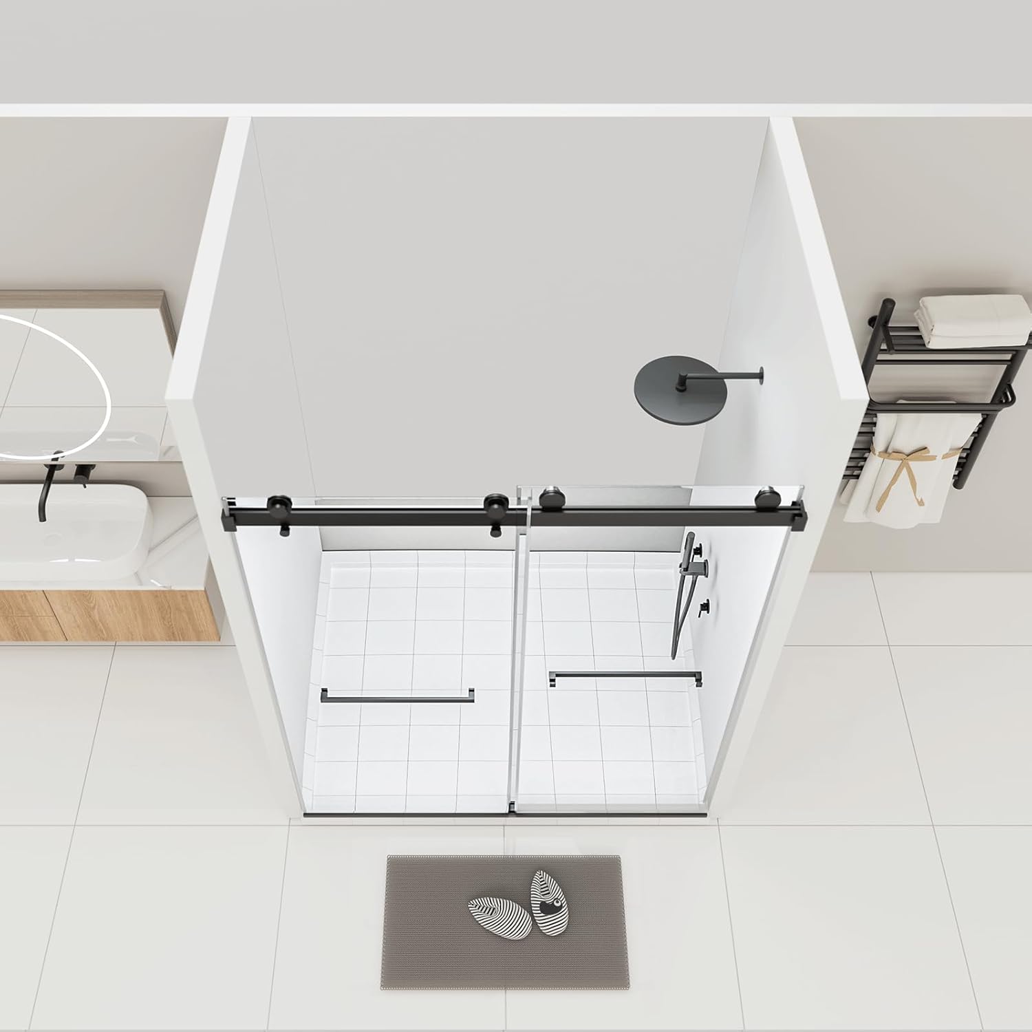 Frameless Shower Door, 48" W x 74" H Double Sliding Glass Shower Door, 5/16" (8mm) Tempered Clear Shower Glass Door with Explosion-Proof Film, Stainless Steel Sliding Shower Door, Matte Black