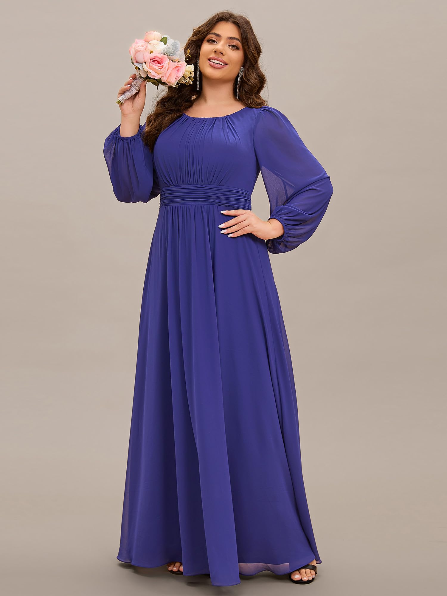 Ever-Pretty Abito da damigella d'onore formale da donna con scollo rotondo e maniche corte in chiffon impero in vita a pavimento 01840-PH