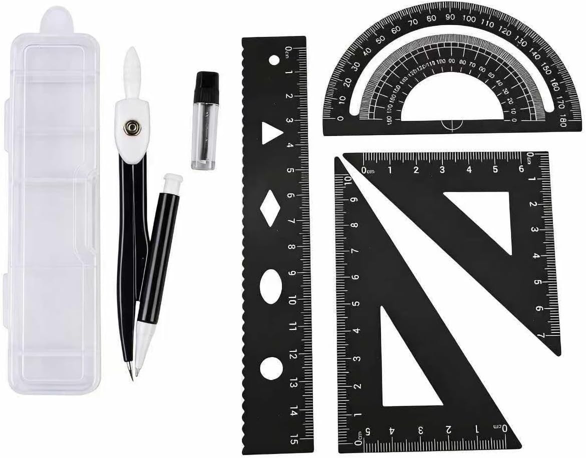 6 Pcs Metal Protractor and Compass Set, Aluminum Alloy Geometry Set, Ruler Set with Protractor, Compass with Lead Refills For Classroom Teaching, Homework, Drafting & Design Work