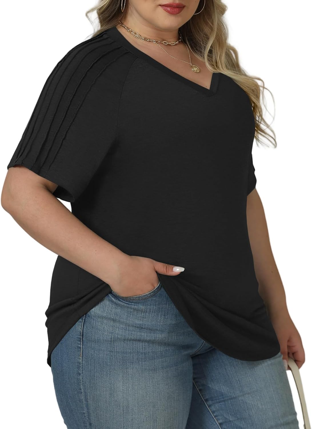 VISLILY Womens-Plus-Size-Summer-Tops Trendy V Neck T Shirts Casual Pleated Short Sleeve Dressy Blouses Tunics Cute Tee XL-5XL - Image 2