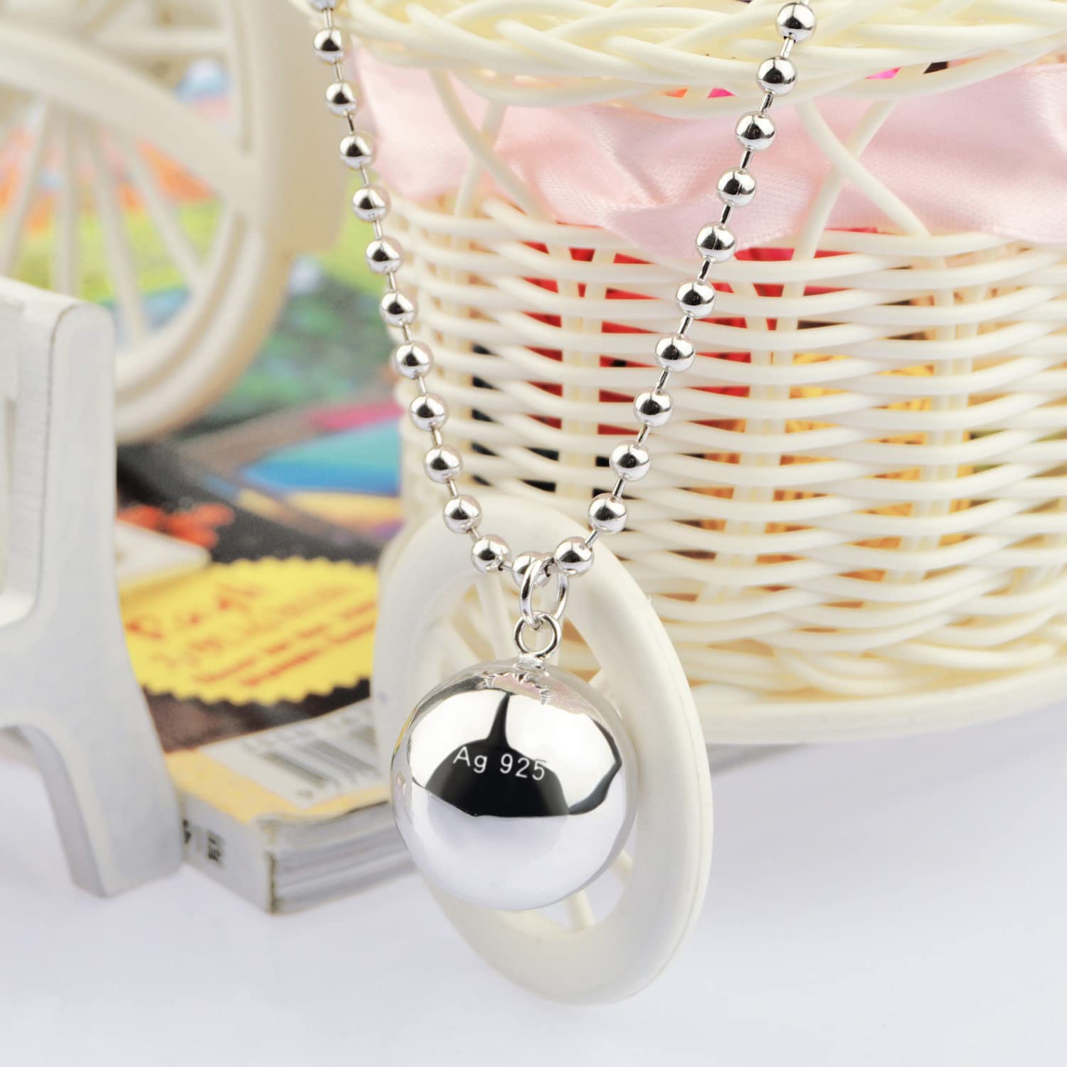Dankadi - Collar fino y colgante de cascarilla redonda de 925 plata, cadena lisa, llamador de ángeles, longitud 45-50-55-60-65 cm, regalo de joya musical para mujer