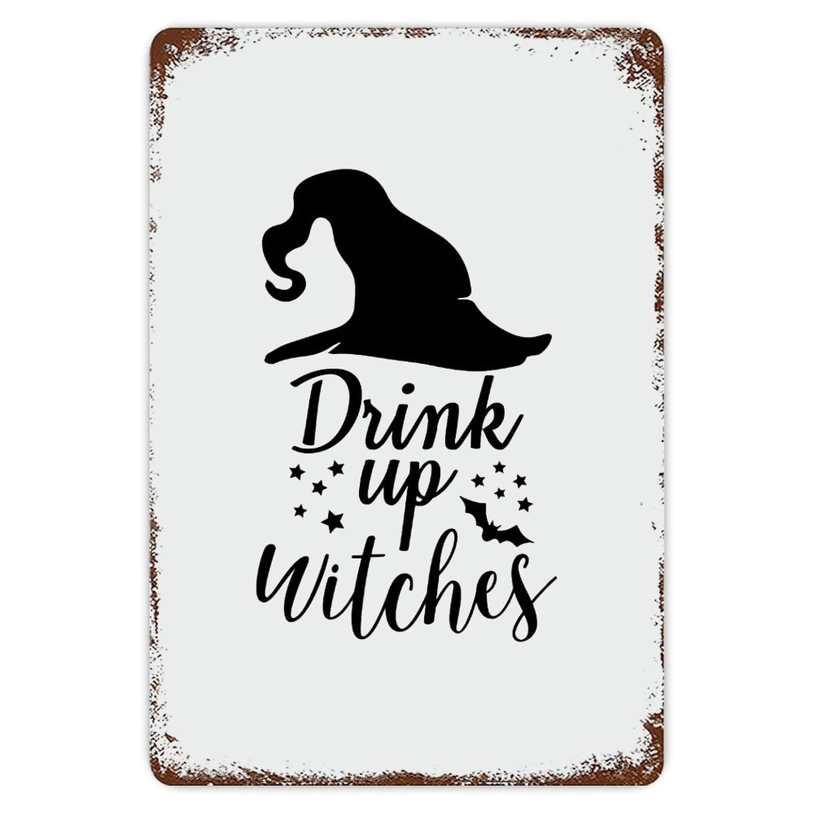ENEDNATE Halloween Metal Sign,Farmhouse Rustic Aluminum Sign Drink Up Witch Metal Sign Retro Aluminum Tin Sign for Kitchen Bedroom Living Room Wall Art Door Hanger Home Decor Sign 8x12 Inch