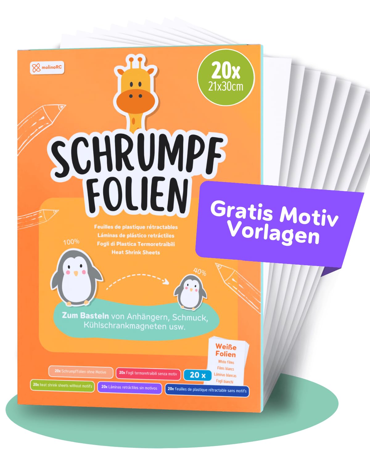 molinoRC Schrumpffolie zum Bemalen 20x A4 [mit GRATIS Vorlagen-Download] - matt transparent - Schrumpffolie Set - erhärtet glatt und gleichmäßig - Shrink Plastic Sheets