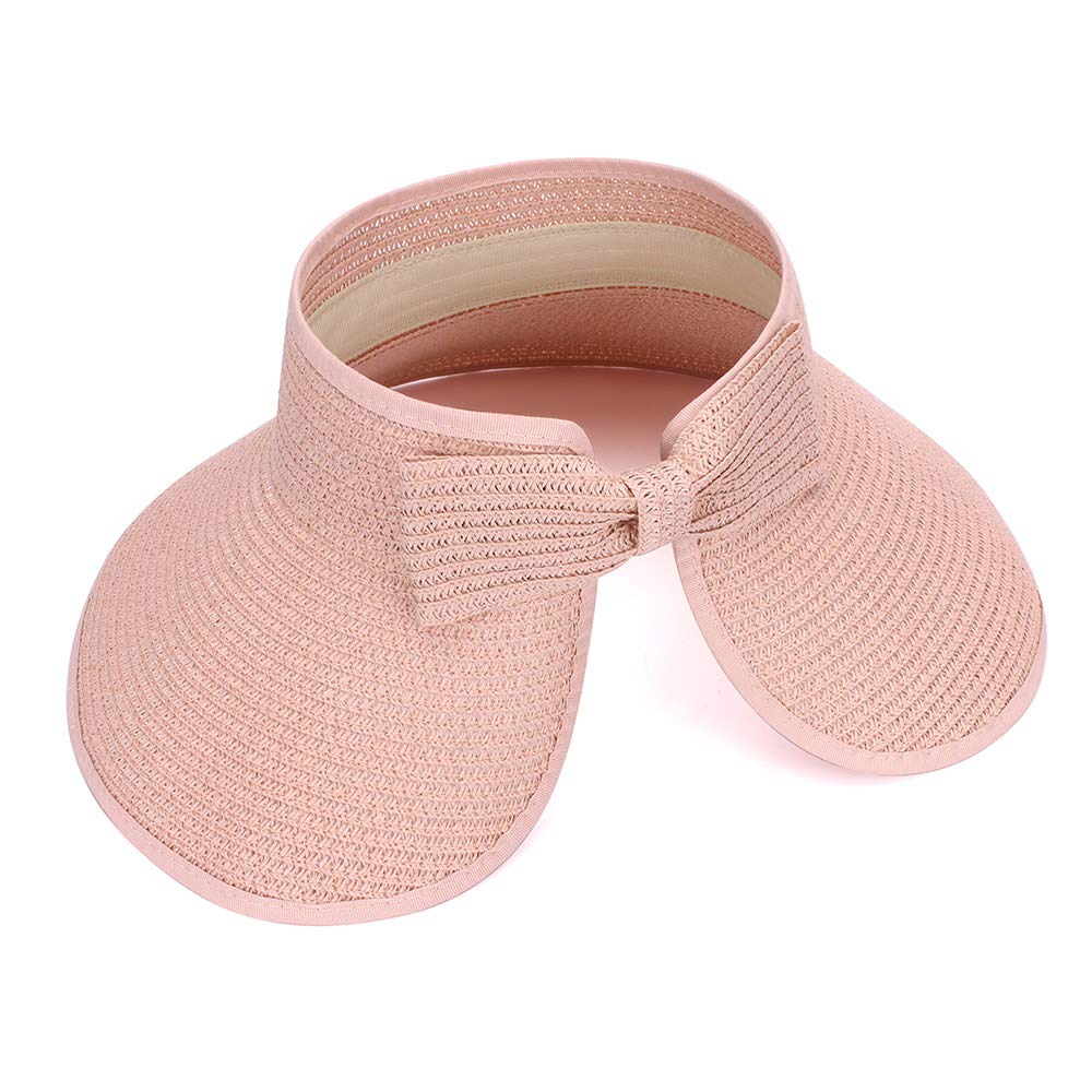 Mk Matt Keely Women's Light Pink Large Beach Straw Sun Hats Foldable Wide Brim Hat For Visor Cap Bucket With Bowknot Pink