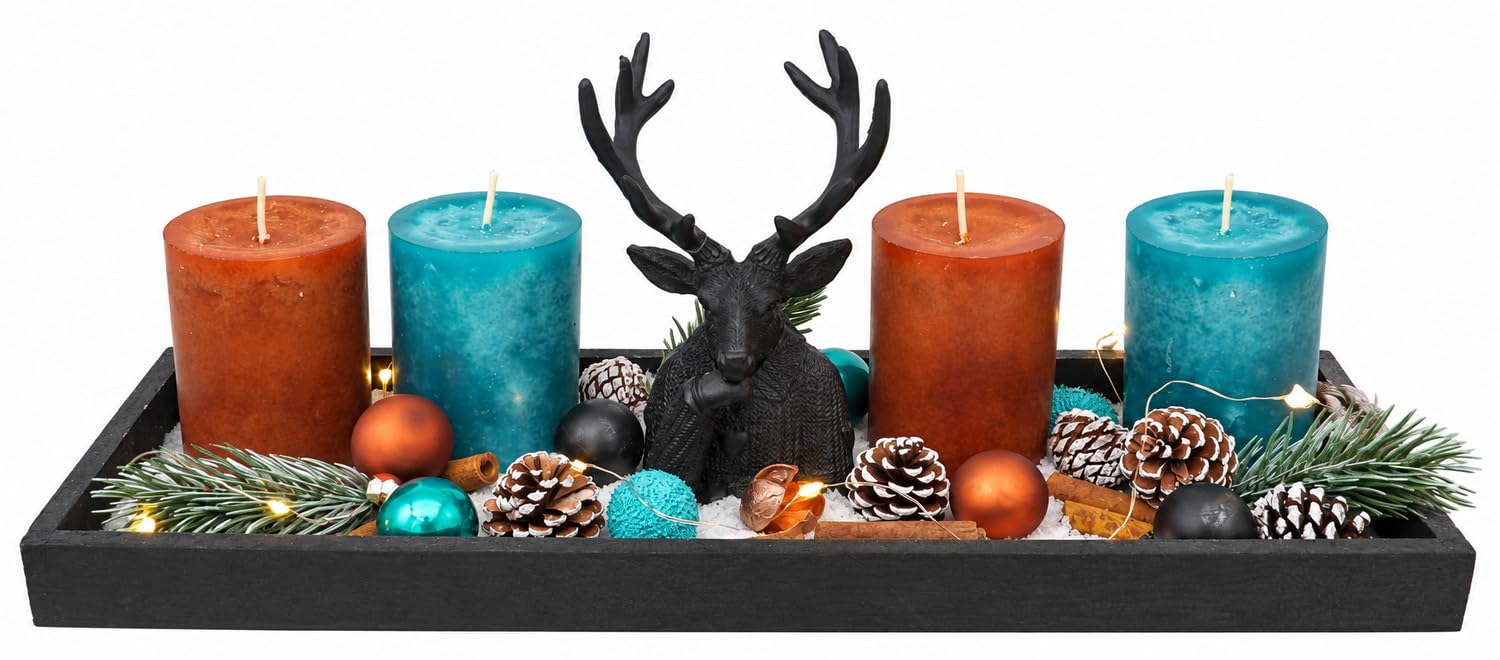 Adventsgesteck Weihnachten Tablett Schwarz Hirsch Kerzen Braun Petrol 40cm