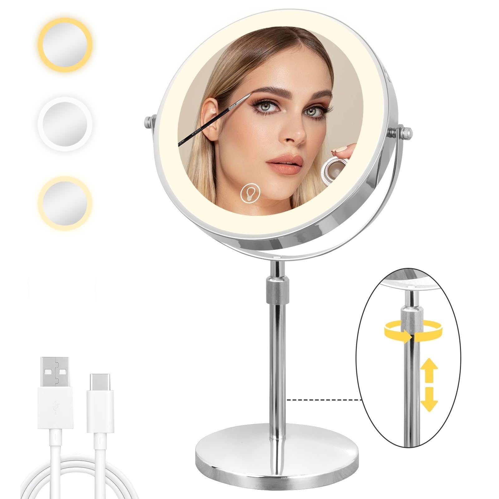 Cuteefun Espejo Maquillaje con Luz, Espejo Aumento 10X sobre Soporte, Altura y Brillo Ajustables, Rotación de 360°, Recargable Espejo de Maquillaje con Luz de Doble Cara para Tocador, Baño