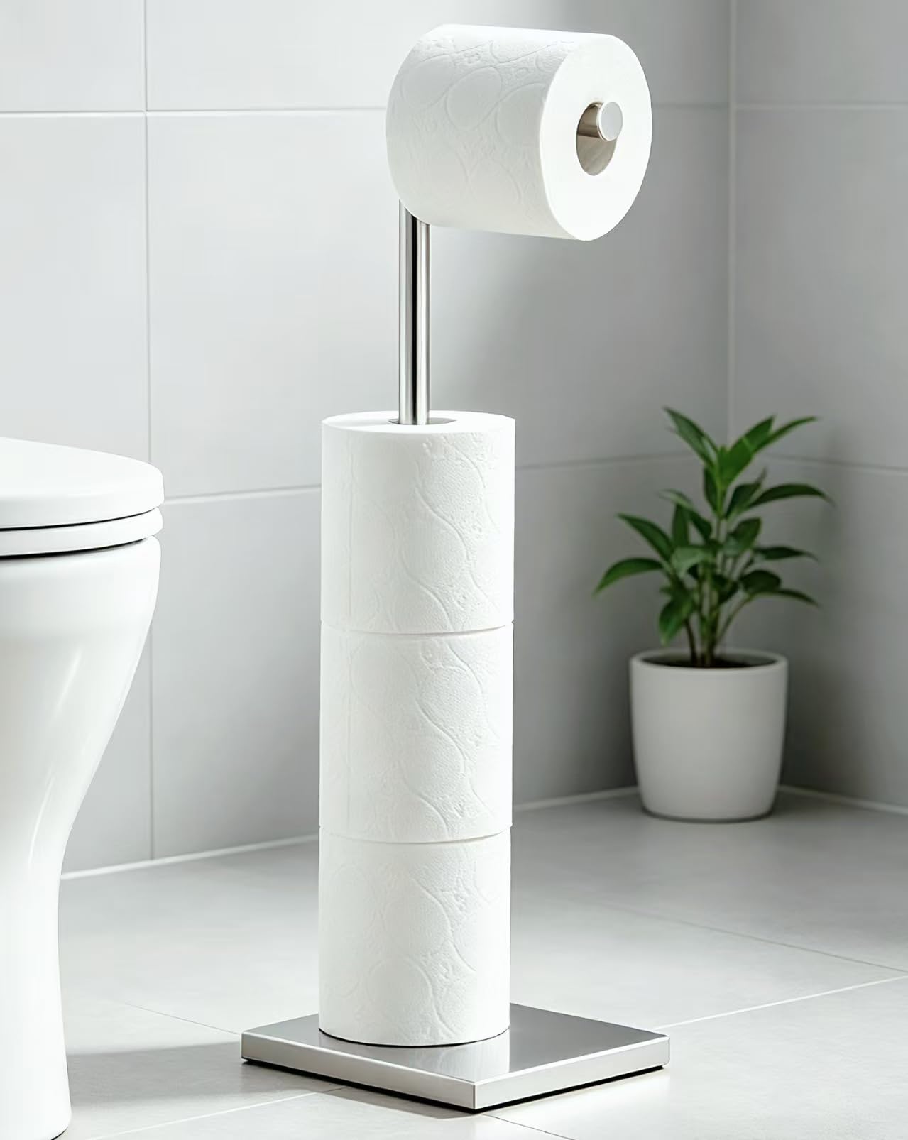 Toilet Paper Holder Stand, Stainless Steel Free Standing Toilet Paper Holder with Reserve for Bathroom, Modern Toilet Paper Stand, Chrome, YOFOVI