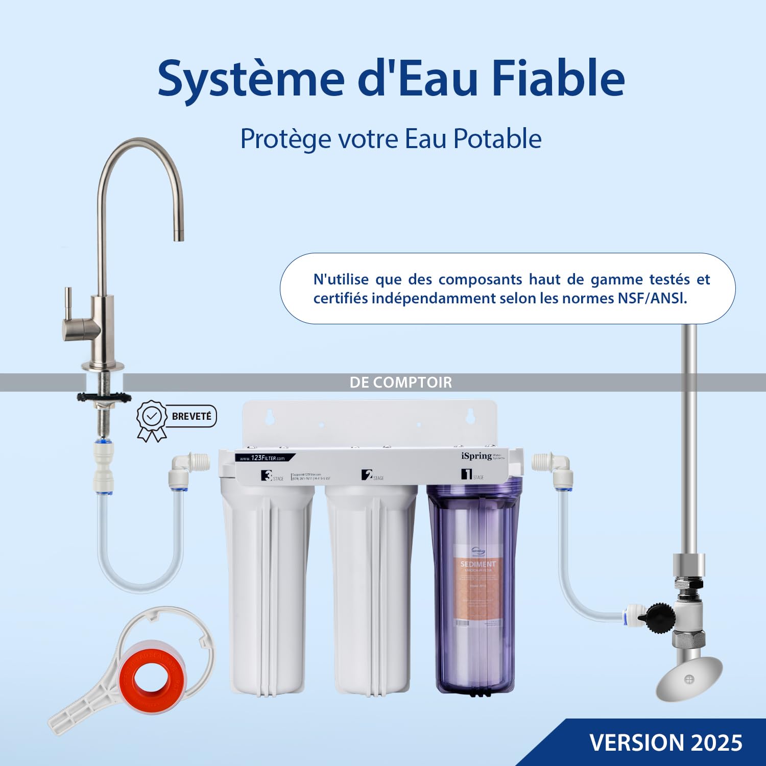 iSpring US31 Système Filtration d’Eau 3 Étapes Sans Réservoir | Sédiments + Double Carbone, Haute Capacité, Sous Évier, Version la plus Récente