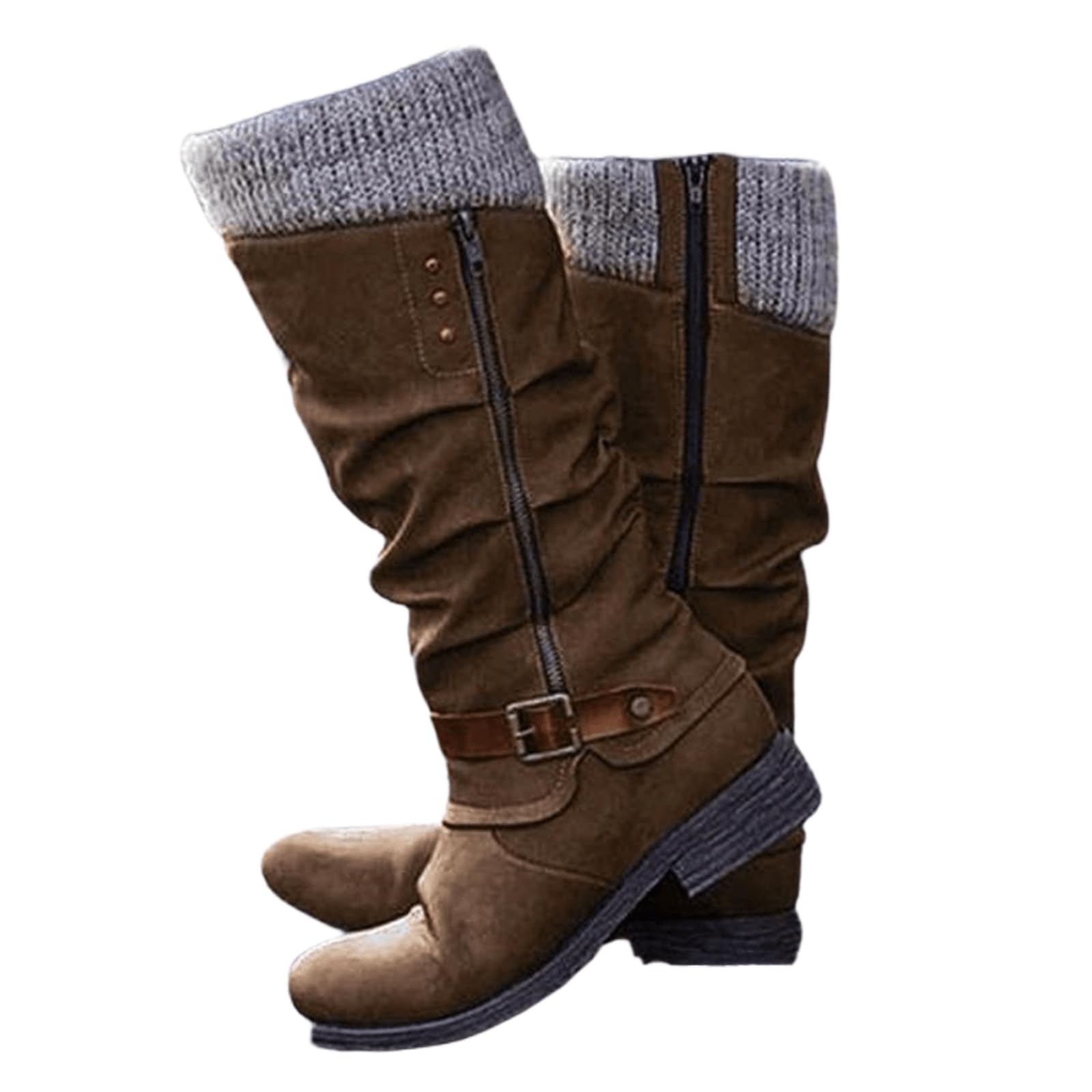 Ladmiple Cowboy Boots For Women Wide Calf Knee High Fashion Western Pointed Toe Chunky Heel Side Zipper Cowgirl