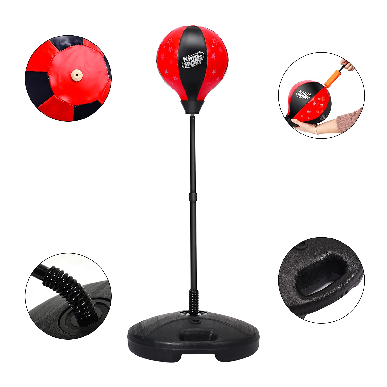 DREAMADE Punching-Ball sur Pied, Sac de Frappe à Hauteur Réglable avec Gants de Boxe et Pompe, Set de Boxe Debout Gonflable avec Base Rempli d’Eau ou de Sable (81cm - 122cm)