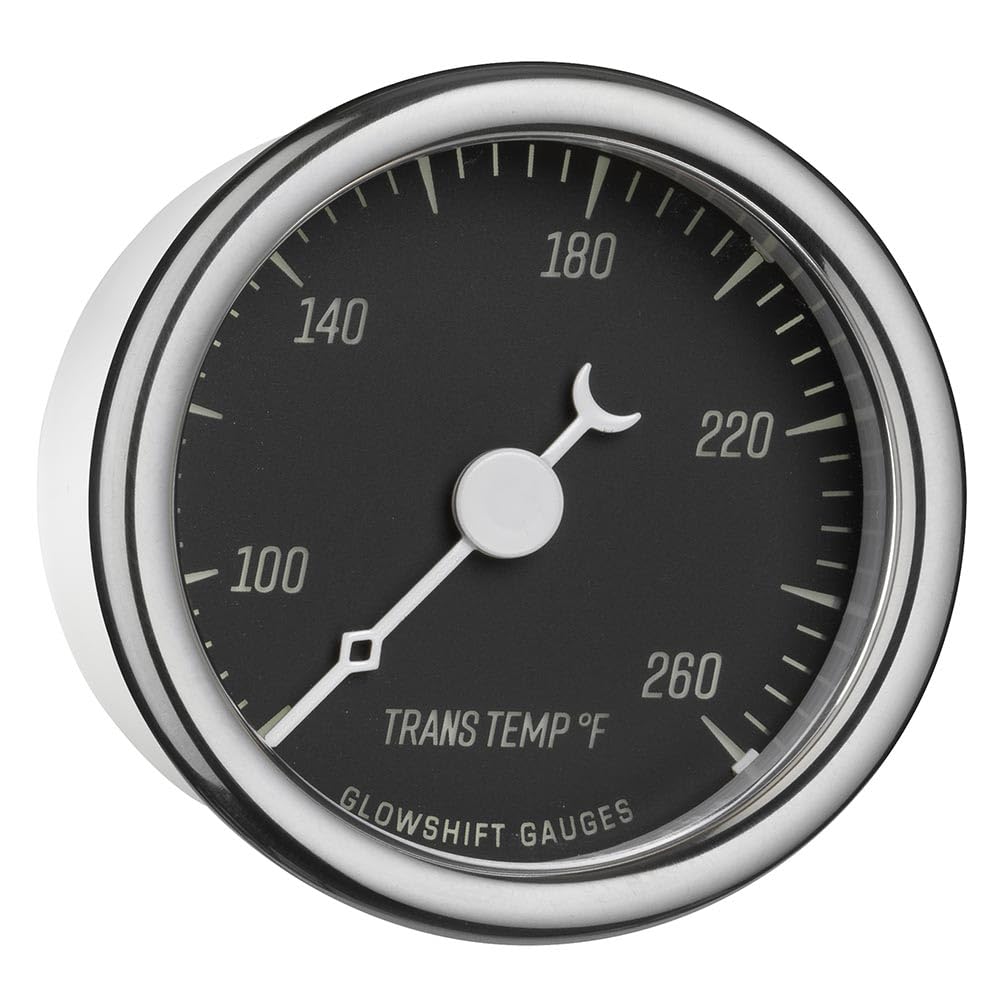 GlowShift Classic Series 260F Transmission Temperature Gauge Kit - Includes 1/8-27 NPT Electronic Sensor & Wiring Harnesses - Black Dial - White LED - Vintage Style Design - 2-1/16" (52mm) Diameter