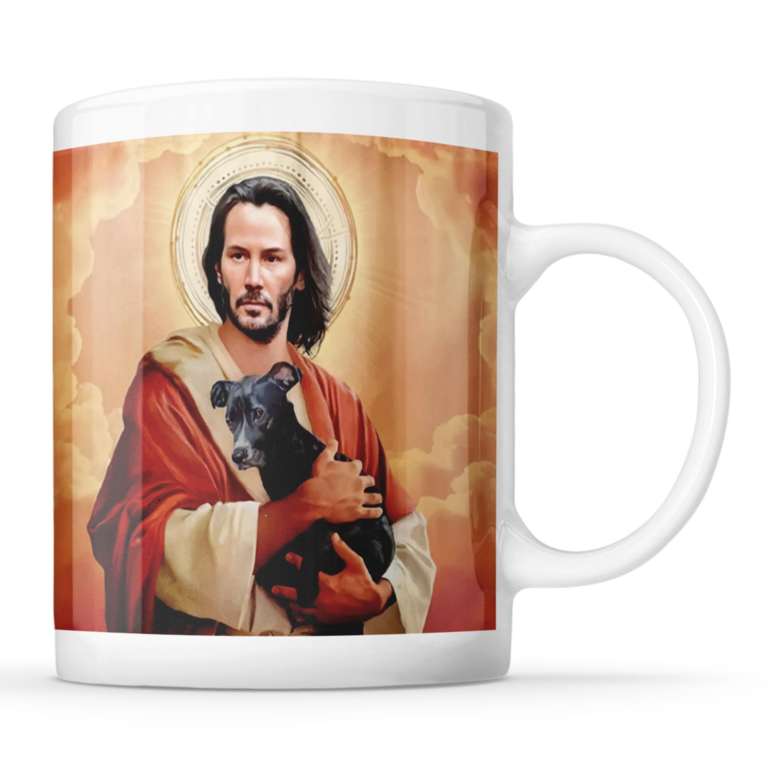 I Love Mugs - Keanu Reeves Jesus Holding Dog - Mr Wick Appreciation Mug, Ceramic, 11fl.oz.