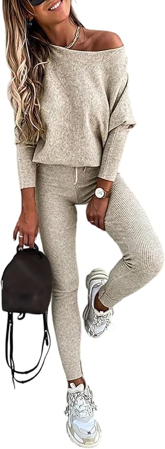 CHICME 2 Piece Lounge Outfit Long Sleeve Knit Pullover Tops Drawstring Pants Set Tracksuit Sweatsuit