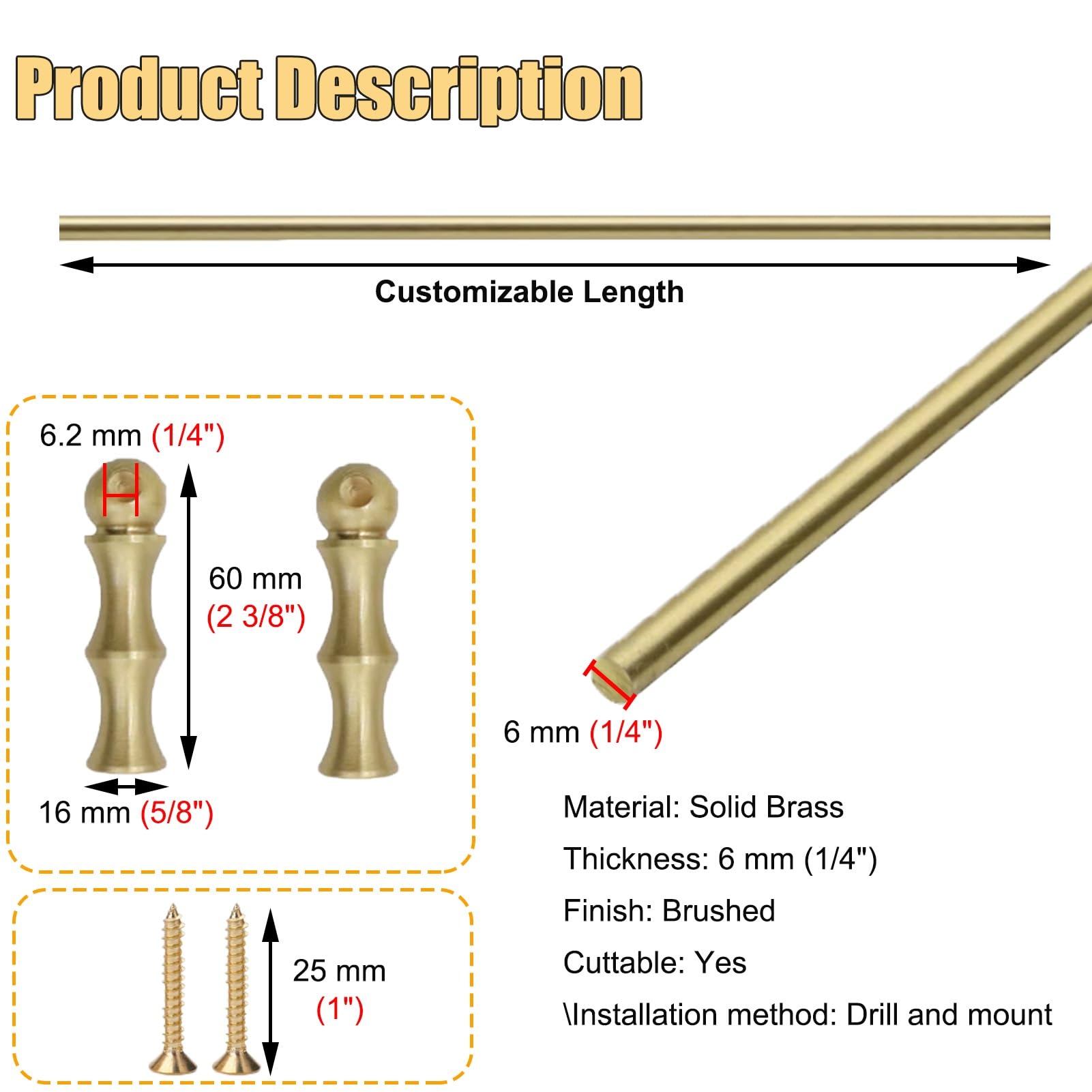 Binario per Mensole Kit Barra Decorativa in Ottone per Scaffali 25 28 30 38 53 60 70 cm | Barra di Protezione Anticaduta per Ripiani In Legno, Set di Ringhiere Moderne per Ripiani(4pcs,25inch/63.5cm)