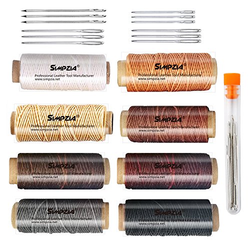 SIMPZIA 8 PCS Waxed Thread, Total 262 Yards,32.8 Yards per Spool 150D Sewing Stitching Thread for Leather, with Large-Eye Stitching Needles for Leather Projects