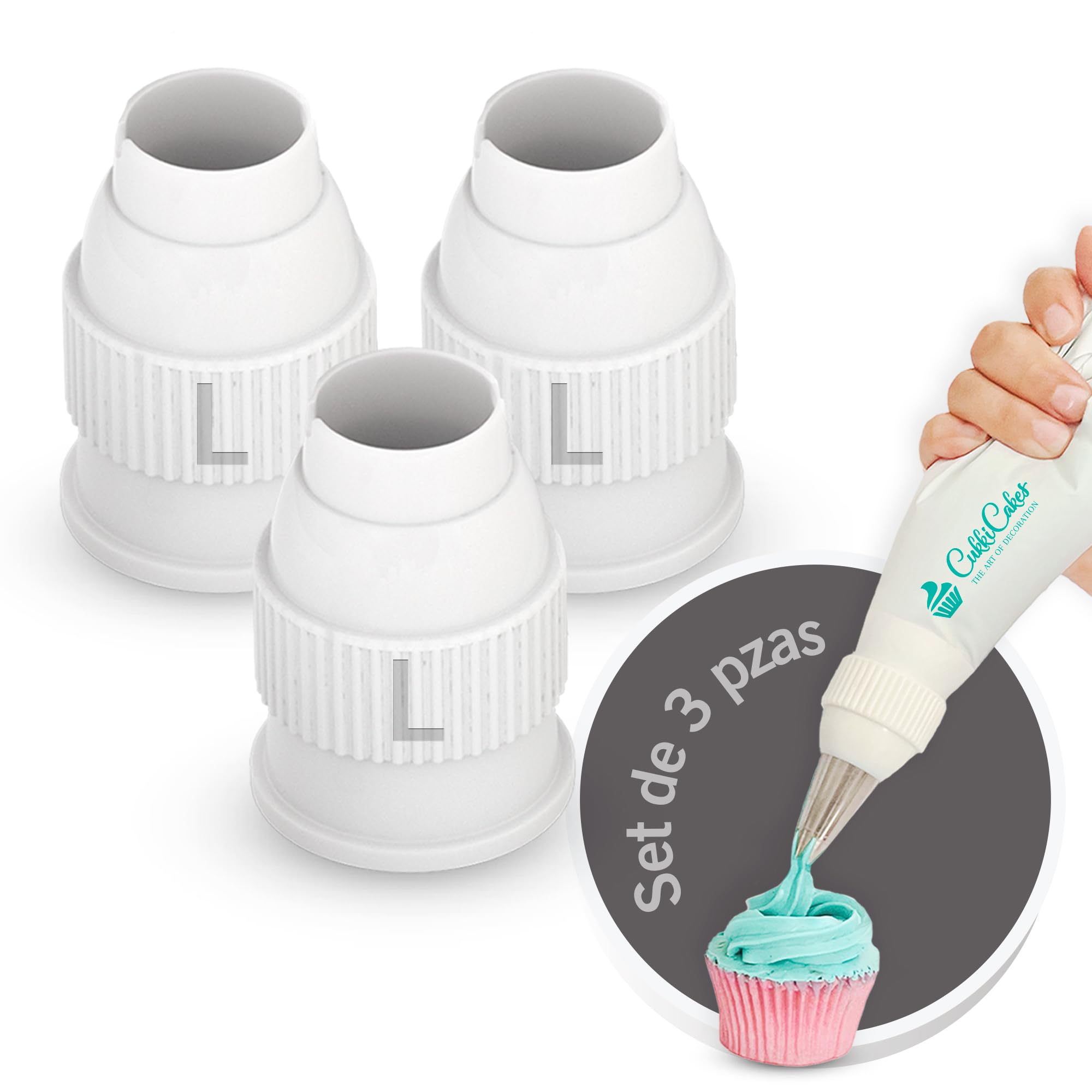 CukkiCakes 3-Piece Adapter Set for Piping Bags with Nozzles, Piping Nozzle Set, Disposable Piping Bag Large and Small, Nozzles, Doughnut Syringe, for Cupcakes, Cake Decoration Flowers, Doughnuts,