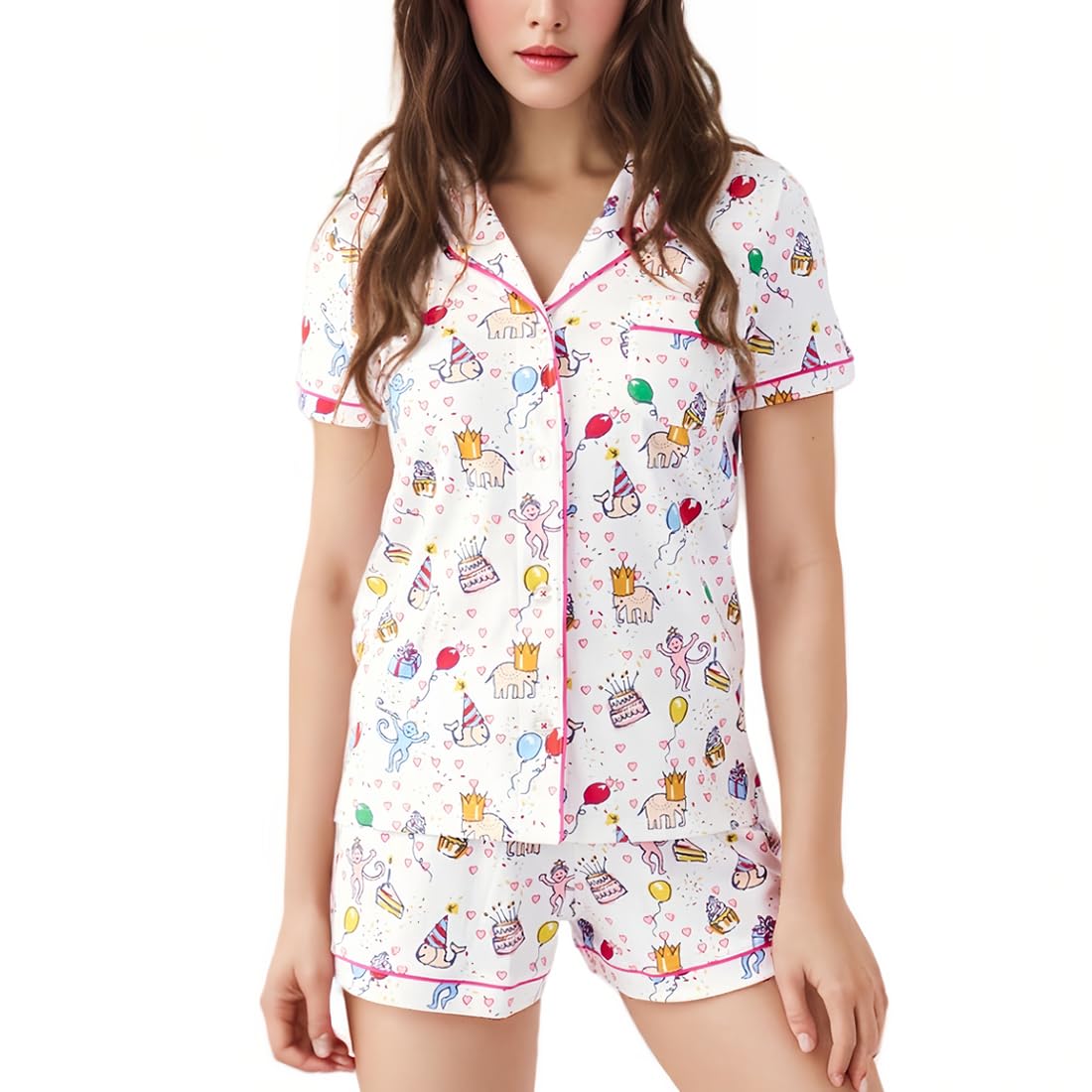GenericWomens Pajamas Set Shorts Button Down 2 Piece Monkey Bunny Y2k Roller Dupes Rabbit Preppy Lounge Pjs Comfy Sleep Wear