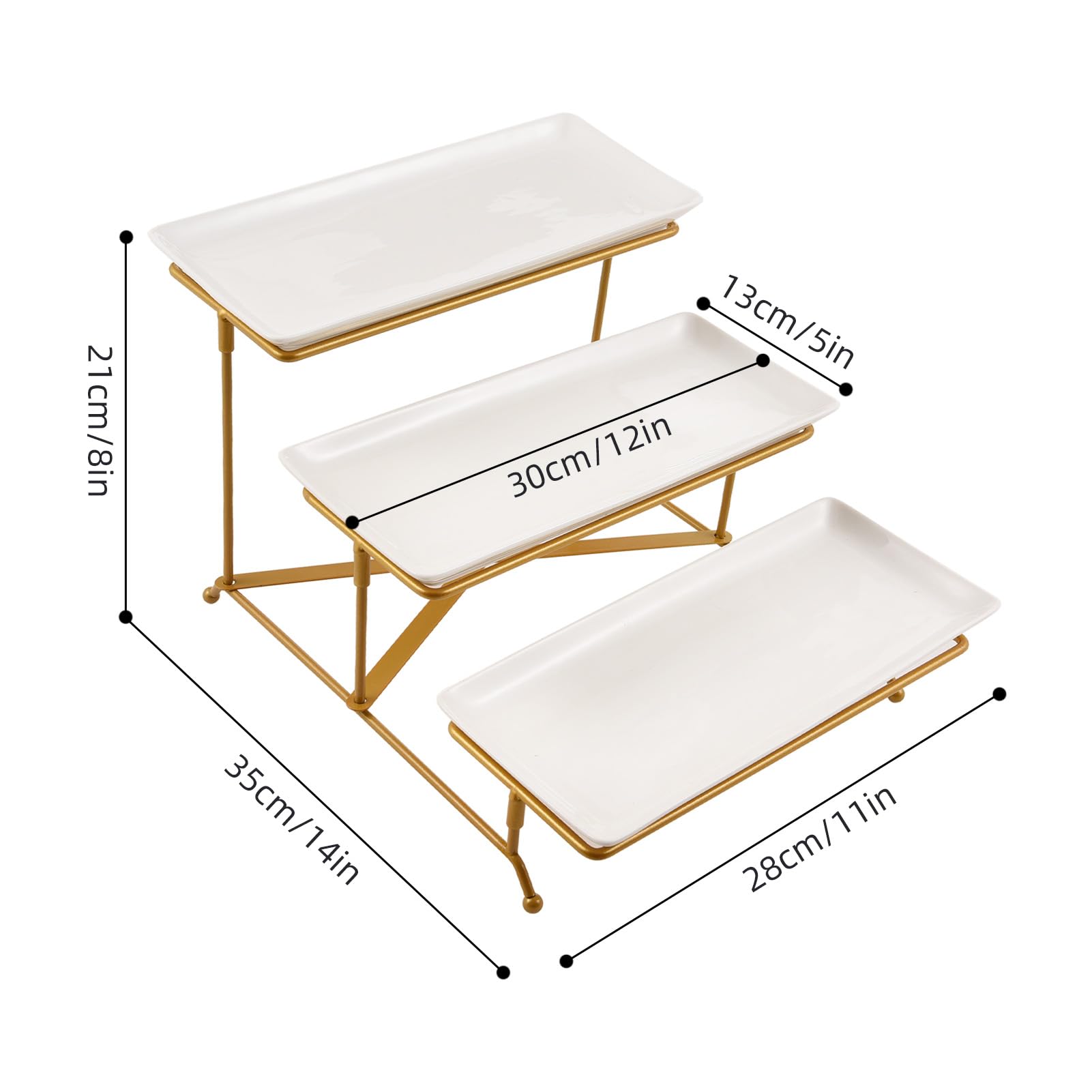 Plateau de Service à 3 Niveaux, Grands Plateaux de Service Détachables et Peu Encombrants, Support Polyvalent, avec Base en Acier au Carbone pour Présentation de Cupcakes