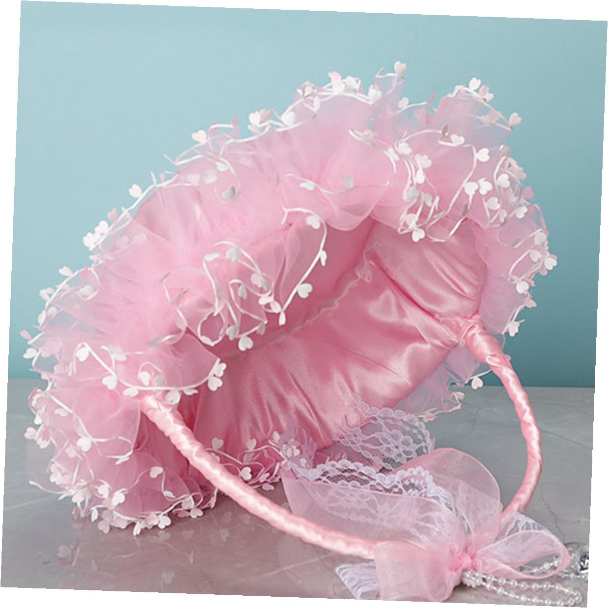 Portable Foldable Lace Wedding Flower Girl Basket Pink Handheld Decorative Flower Holder for Ceremony Supplies