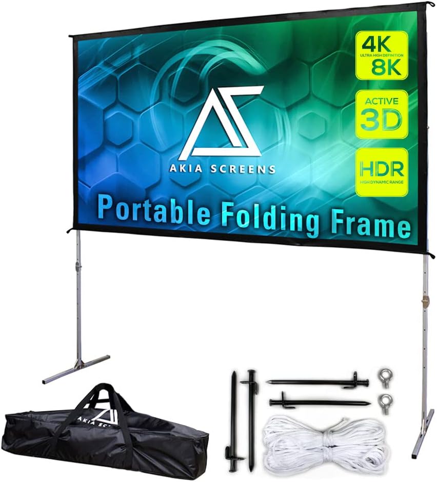 Akia 120 Inch Projector Screen with Stand and Carry Bag for Indoor & Outdoor Use – Portable Backyard Movie Display for 4K Ultra HD Viewing, Foldable Cinema Frame with Adjustable Support – AK-OS120H1.