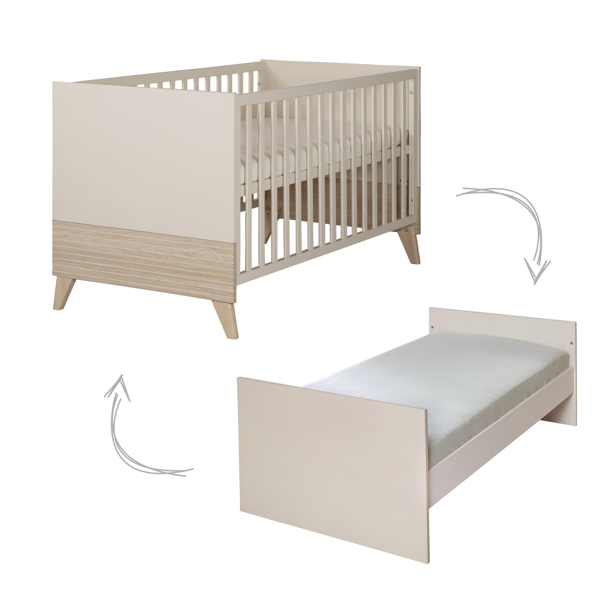 roba Cuna Sidney 70x140 cm – Cuna evolutiva con patas de madera maciza – Altura regulable – Convertible en cama junior – Beige