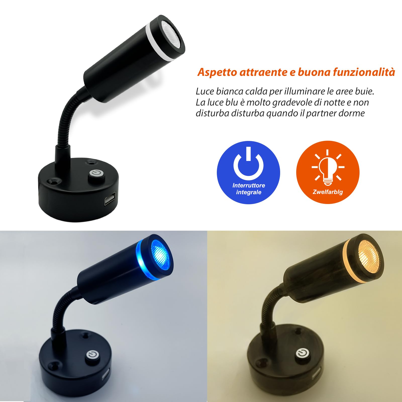 Dream Lighting Luce LED 12v per Camper, Luce Calda e Blu Dimmerabile, Applique LED 12v CC per Caravan Barca Furgone Lampada da Lettura 2W Illuminazione Interna 2 Pezzi