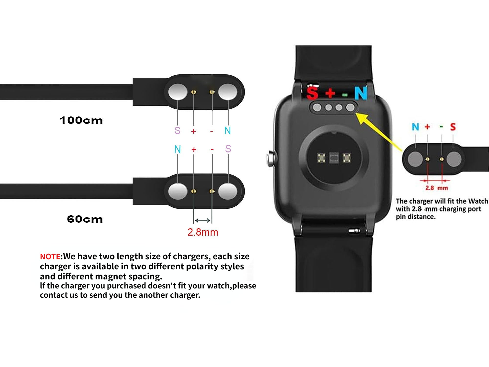 Paquete de 2 cargadores de reloj compatibles con EGQINR T90, P103, T49, T42, P88, cable USB de carga magnética (negro y negro)