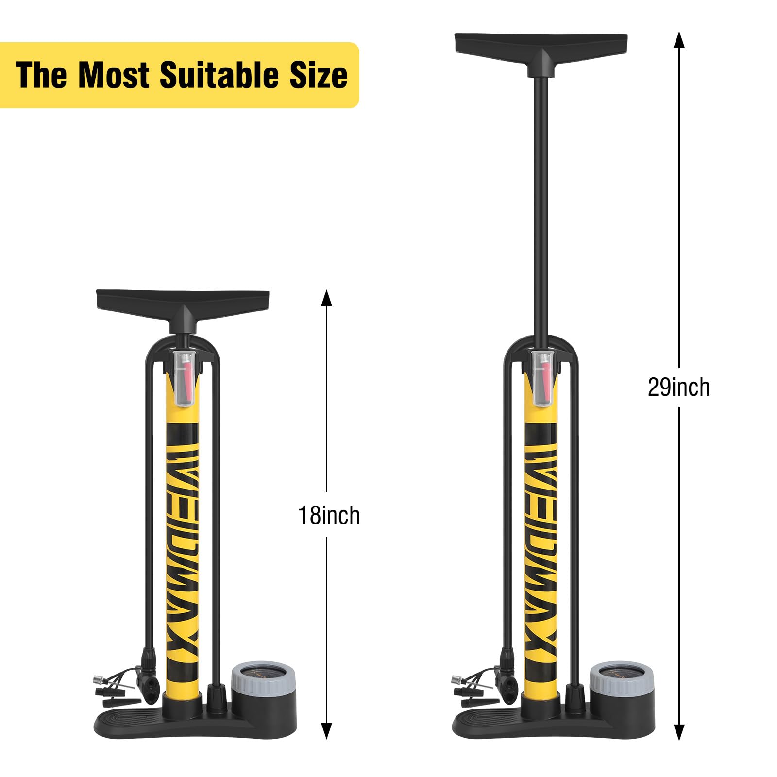 WEIDMAX Pompa per bicicletta con manometro, Pompa da pavimento per bicicletta con valvole Presta e Schrader