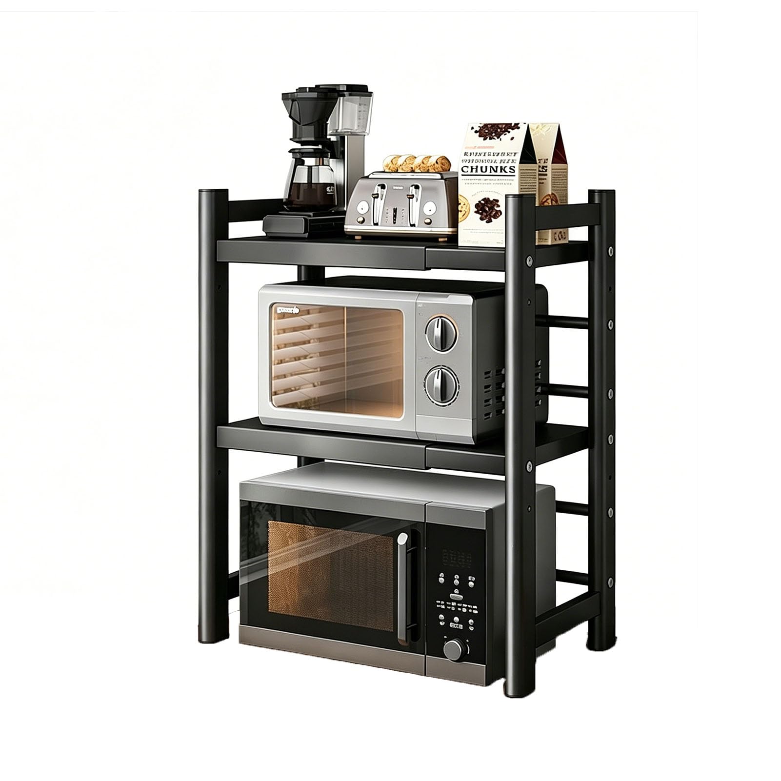 TBATM Expandable Microwave and Oven Rack, Kitchen Counter Storage Rack with 6 Hooks, Adjustable Carbon Steel Microwave Shelf, Space Saving,Black,3 Tier