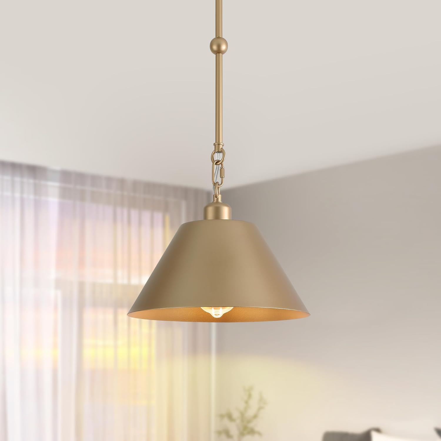 11 Inch Pendant Lights Kitchen Island - Small Farmhouse Light Fixtures Matte Gold Cone Shade, Adjustable Height Industrial Ceiling Light Chandeliers for Kitchen Hallway Bedroom Dining Bar
