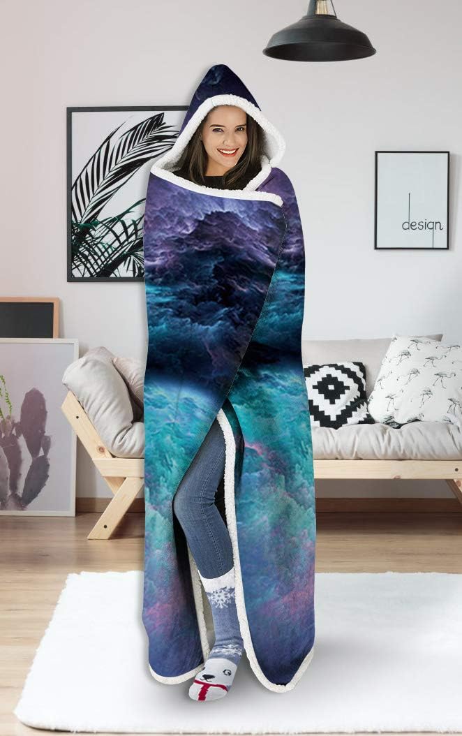 uideazone Galaxy Hooded Blanket Soft Sherpa Fleece Blankets for Mens Women Cozy Outer Space Cloud Wearable Blanket with Hood for Studying Reading Snuggling Napping Office