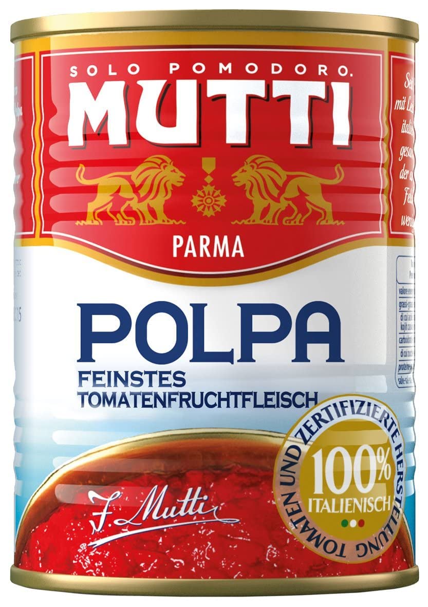 Mutti Polpa – 24 × 400 g de tomates finamente picados en zumo (latas), 100% tomates italianos, veganos, ideal para salsas, pizza y pasta, pack de almacenamiento + polpa italiana gourmet