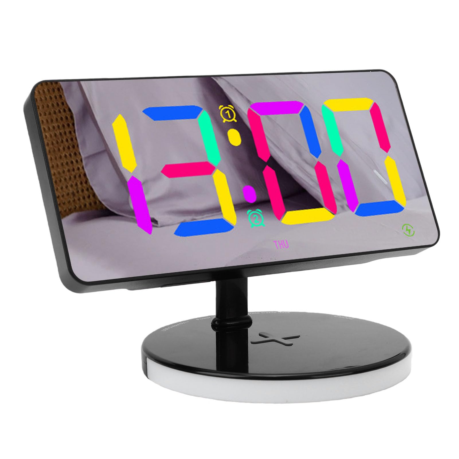 Tangxi Reloj Despertador Digital LED con Espejo, Cargador Inalámbrico y Luz Nocturna RGB, Repetición de 5 a 60 Minutos, Brillo de 6 Niveles para Dormitorio (Black)