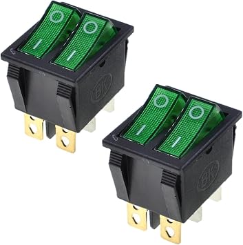 2 Pcs KCD4 Rocker Switch - AC 250V 16A 125V 20A, 6P Terminals, Double SPST 2 Way, Panel Mount with Green Light for Boat & Marine Equipment
