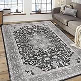 FlyDOIT Vintage Area Rugs for Living Room, 5x8 Grey Floral Medallion Washable Rug for Bedroom, Faux Wool Ultra Soft Retro Accent Rug, Non Slip Indoor Carpet for Kitchen Office Dining Room Decor